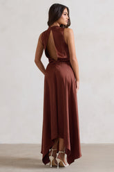 Chocolate Brown Satin Cowl-Neck Maxi Dress